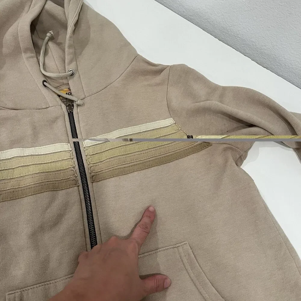 Aviator Nation 5 Stripe Hoodie Sweatshirt Small Full Zip Sand Tan - Picture 15 of 15